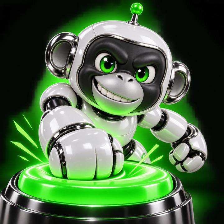 APE BOT, a white robot chimp slamming a green buy button